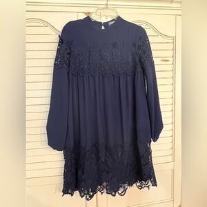 Fashion Union Blue Lace Dress Women’s Sz 6 Long Sleeved Navy Lined Dress